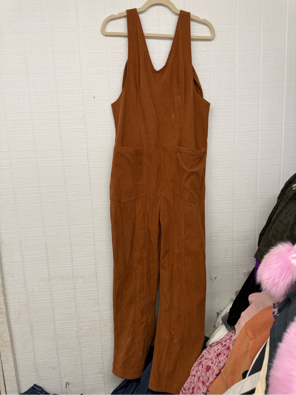 Rust Brown Corduroy Sleeveless Jumpsuit with Front Pockets